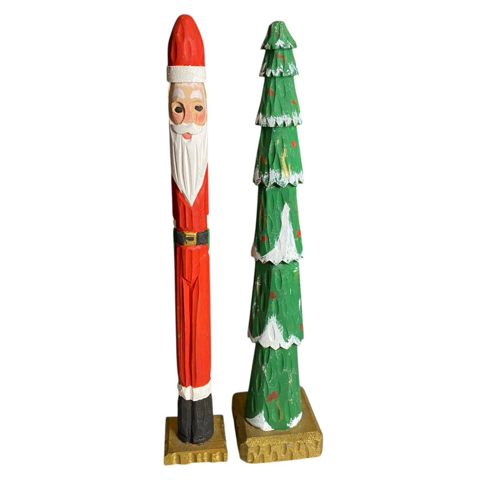 Vintage Hand Carved Wooden Pencil Skinny Santa Claus and Christmas Tree Figurine